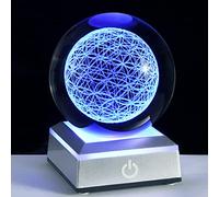 Qianwei Sphère de cristal fleur de vie avec éclairage LED coloré, base tactile, géométrie sacrée, boule de cristal étoilée magique, décoration Feng Shui gravée au laser, recherche de fleur à