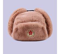 QIANWEIXI Chapka Homme Badge Ushanka Russe Hommes Femmes Hiver Chapeaux Armée Militaire Bomber Chapeau Trappeur Earflap Snow Ski Cap-Kaki_M_56-61Cm