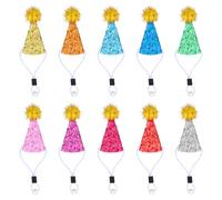 Qianyu Lot de 10 mini chapeaux de fête pour animaux en peluche, figurines, jouets, petits cônes à paillettes, chapeaux de fête d'anniversaire colorés, chapeau conique réglable avec guirlande et