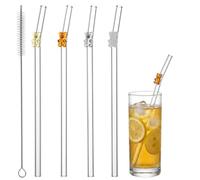 Qianyu Lot de 4 pailles en verre avec breloques réutilisables en forme d'ours - Décoration colorée - Avec brosse de nettoyage - Résistante aux chocs - Pour jus, thé, café, cocktails, milkshakes
