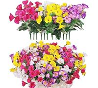 QIANYUN Fleurs Artificielles Extérieures Résistantes Aux UV Pensées Artificielles Faux Fleur en Plastique en Vrac Fausses Plantes D'extérieur (12, White 3 Pink 3 Yellow 3 Red 3) 23x23x35cm