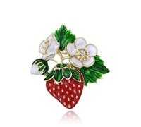 QIAOLEHUI Broche en forme de fraise en émail pour femme - Jolie fraise rouge avec fleur blanche et feuille verte - Accessoires de fête de mariage, Large, Métal, Pas de gemme