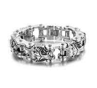 Qiaonitu Bracelet à breloques en forme de tête de lion gothique punk 18 mm pour homme en acier inoxydable massif pour moto, motard, vélo, bijoux argent poli