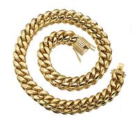 Qiaonitu Chaîne cubaine Miami en acier inoxydable doré avec zircone cubique et strass - Fermoir de verrouillage - 10/12/14/16/18 mm, 20 Inches, Acier inoxydable, Zircone cubique