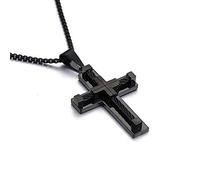 Qiaonitu Collier avec pendentif en forme de grande croix en acier inoxydable avec chaîne de 61 cm pour homme et femme (Noir)