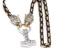 Qiaonitu Collier avec pendentif en forme de marteau de Thor en acier inoxydable avec amulette nordique en forme de tête de loup - Noir et doré, 70cm, Acier inoxydable, Pas de gemme