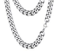 Qiaonitu Collier gourmette en argent 7 mm, 9 mm, 11 mm, chaîne en argent à fond plat cubain en acier inoxydable, bijoux de motard, colliers militaires robustes 45,7/50,8/56/61/66 cm, Métal, Non connu