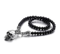 Qiaonitu Collier punk rock en acier inoxydable avec pendentif tête de mort de 47 cm noir et perles de verre pour homme et femme