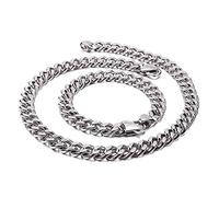 Qiaonitu Parure collier et bracelet à chaîne cubaine pour homme de 11 mm style punk rock Miami en acier inoxydable 316L, doré, argenté, noir, 50,8 à 66 cm (argent, 65)