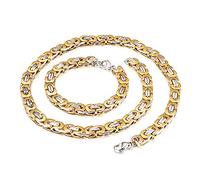 Qiaonitu Parure de bijoux hip-hop en acier inoxydable lourd de 8/10 mm pour homme et femme avec chaîne byzantine (doré et argent, 10 mm de large)