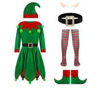 QiaoPkeb Ensemble de 6 femmes vacances elfes costume robe en velours Noël carnaval cosplay elfes chapeau chaussures earstrap chaussettes (S)