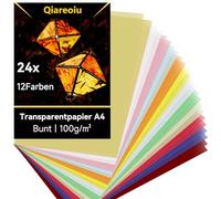Qiareoiu Lot de 24 feuilles de papier calque coloré A4 - Papier parchemin à imprimer - 12 couleurs avec or et argent - Papier parchemin pour la fabrication de lanternes
