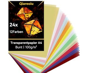 Qiareoiu Lot de 24 feuilles de papier calque coloré A4 - Papier parchemin à imprimer - 12 couleurs avec or et argent - Papier parchemin pour la fabrication de lanternes