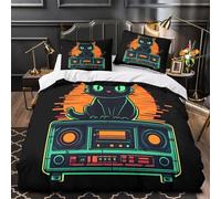 QIAVXZIP Chat néon Assis Impression 3D 3 pièces Housse de Courtepointe Design rétro Boombox Housse de lit Microfibre Doux Anti-acariens pour Enfants garçons Adultes Single（140x200cm）