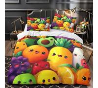 QIAVXZIP Fruits Mignons Impression 3D 3 pièces Housse de lit Style Dessin animé Kawaii Housse de Courtepointe Microfibre Respirant Fermeture éclair pour bébés Filles Hommes Single（140x200cm）