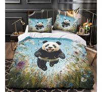 QIAVXZIP Panda Qui Saute Impression 3D 3 pièces Housse de lit Style Champ de Fleurs Sauvages Housse de Courtepointe Microfibre Doux Fermeture éclair pour bébés Hommes Adultes Double（200x200cm）