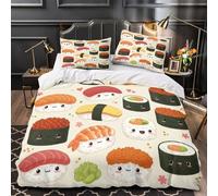 QIAVXZIP Personnages de Sushi Impression 3D 3 pièces Housse de Couette Style Dessin animé Kawaii Housse de lit Microfibre Doux Anti-acariens pour bébés Adolescents Filles King（220x240cm）