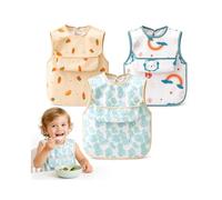 Qibivfo Lot de 3 Bavoirs Tablier Bébé Imperméables, Bavoir Plastique Enfant avec Poche Récupératrice, Tablier Repas Sans Manches, Bavette Bébé Facile à Nettoyer pour Manger, Peindre, Jouer, 2-4 Ans
