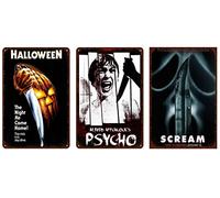 QICH Lot de 3 panneaux rétro en métal pour Halloween, Psycho, Scream Horror Film effrayant Film d'horreur rétro Décoration murale pour la maison, la grotte, le garage, le bar, le club, le café 30,5 x