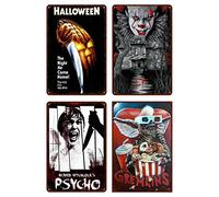 QICH Lot de 4 affiches rétro en métal pour Halloween, IT, Psycho, Gremlins - Film d'horreur effrayant - Décoration murale pour maison, garage, bar, club, café - 30,5 x 20,3 cm