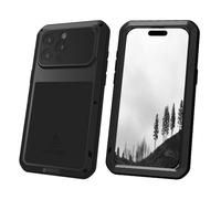 qichenlu Blindage blindé noir en aluminium hybride silicone métal compatible avec iPhone 15 Pro Max, protection d'écran intégrée en verre incassable, coque extérieure intégrale antichoc