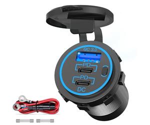 Qidoe Prise Chargeur de Voiture 96W, 12V/24V 3 Ports USB (2 PD 3.0 + QC 3.0)- Affichage LED Tension, Interrupteur Étanche - Charge Rapide Smartphone GPS - pour Moto Bateau Camion Camping-Car
