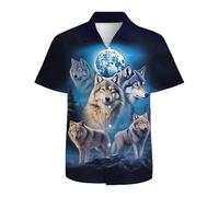 QiErDesign - Chemise hawaïenne pour homme à graphisme 3D en noir et bleu loup - Manches courtes tropicales pour les vacances à la plage - Aloha