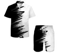 QiErDesign Chemises hawaïennes pour hommes décontractées à boutons manches courtes - Ensemble chemises et shorts imprimés - Costumes de plage Hawaï, blanc/noir, X-Large