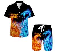 QiErDesign Ensemble de chemises hawaïennes pour homme avec dragon bleu et orange, manches courtes, boutonnées, décontractées, avec shorts imprimés pour la plage, taille X-Large