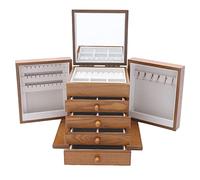 QIERF Boîte à bijoux à 5 niveaux en MDF - Grande boîte de rangement - 30 x 20 x 25 cm - Avec 4 tiroirs et miroir - Pour bagues, boucles d'oreilles et colliers - Marron clair