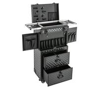 QIERF Mallette de maquillage à roulettes avec serrures et 2 tiroirs, en aluminium et ABS, roulettes à 360° pour maquilleurs, coiffeurs, artistes des ongles, noir
