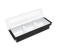 QIERF Récipient à ingrédients en ABS - Distributeur d'épices avec 3 inserts - Couvercle à rabat amovible - Pour pique-nique, bar, barbecue, fête, 50 x 15 x 10 cm - Noir et blanc