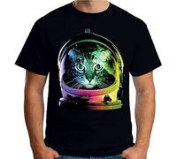 QIESHEOK Space Cat Kitty Pussy Astronaut Colourful Neon Unisex 100% Cotton Short-Sleeve T-Shirts Black L