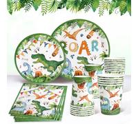 QIFU Assiette Jetable Deco Anniversaire Dinosaure, 96 Pièces Vaisselle Dino | Vaisselle Jetable Dino inclut Assiettes Tasses Serviettes pour Decoration Anniversaire Dinosaure Assiette Enfant 24 Invités