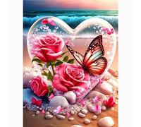 QiHon Kits de Peinture Diamant 5D DIY Diamond Painting Complet Papillon Rose Plage Diamant Strass Point de Croix Cristal Painting pour Adultes Enfants Murale Décor 30x40cn