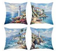 QiHon Lot de 4 Housses de Coussin 30x30 cm Paysage Phare Housse de Coussin Canapé Moderne avec Fermeture Éclair Invisible Taie d'oreiller Lin Décoratif pour Salon Chambre Jardin