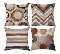 QiHon Lot de 4 Housses de Coussin 30x30 cm Rayures Brunes Housse de Coussin Canapé Moderne avec Fermeture Éclair Invisible Taie d'oreiller Lin Décoratif pour Salon Chambre Jardin