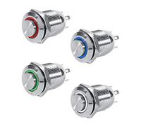 Qiilu 12v Bouton Poussoir, Bouton Poussoir 12mm Cercle LED Étanche En Métal Momentané Interrupteur Haute Flush 4 Broches 1NO(bleu)
