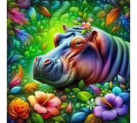 Qijinn 5D Hippopotame coloré Diamond Painting,DIY 75x75cm Broderie Diamant Painting Complet,Carré Art du Diamant Peinture pour Adultes Débutants Strass Point de Croix Painting Maison Murale Décor