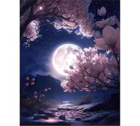 Qijinn 5D Lune de Magnolia Diamond Painting Kit pour Adulte Débutants,Diamond Painting Complet DIY Art du Diamond Strass Broderie Artisanat pour Murale Décoration Square Drill,70x90 cm