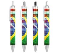 QIJIUU Lot de 4 stylos à bille bleus à pointe fine rétractable avec drapeau des États-Unis et du Brésil - Stylo à bille rond flexible - Encre noire de 0,55 mm