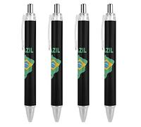 QIJIUU Lot de 4 stylos à bille rétractables à pointe fine avec drapeau vintage de la carte du Brésil - Corps rond flexible - Encre noire de 0,55 mm