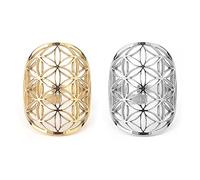 Qikam Bague en Or Argent Réglable Acier Inoxydable Creux Filigrane Ouvert Fleur De Vie Symbole Longue Grande Bande Bagues Mode Anneau Géométrie Sacrée pour Femmes Homme