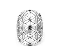 Qikam Bague en Or Argent Réglable Acier Inoxydable Creux Filigrane Ouvert Fleur De Vie Symbole Longue Grande Bande Bagues Mode Anneau Géométrie Sacrée pour Femmes Homme