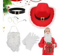 Qikam Costume de Père Noël - Tenue de Père Noël Homme,Barbe Blanche Confortable Lunettes Dorées Gants Ceinture Chapeau de Cowboy Rouge Ensemble pour Cosplay Photo Spectacle Halloween Famille