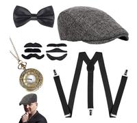 Qikam Gangster rétro,Tenue Gangster des années 1920 Taille Unique | Accessoire Costume des années 1920 Comprenant Un Chapeau, Une Montre Poche, Une Barbe, des Sourcils, Un nœud