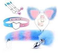 QiKKago 4 Piece Faux Fur Fox Cat Ears Cosplay Blue Set for Dress Up Cute Costume Party Fluffy Fox Tail-Q