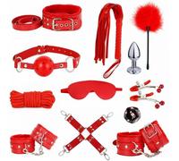 QiKKago Ensemble Cardio IntéRieur en Cuir Rouge Classique De 12 PièCes avec Cordon à La Main Et Masque De Sommeil - D6