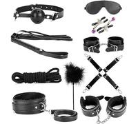 QiKKago Ensemble De Fitness ExtéRieur en Cuir Noir Classique De 10 PièCes avec Whip D'EntraîNement avec Masque De Sommeil, EntraîNement IntéRieur Plus Professionnel - D6