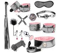 QiKKago Set D'Outils De Sport RéGlables en Cuir De 12 PièCes, Bracelets pour Les Mains Et Les Cuisses, Sangles De Lit Et BâTons à Plumes, Ensemble De Masque pour Les Yeux, Cadeau De Couple - H11